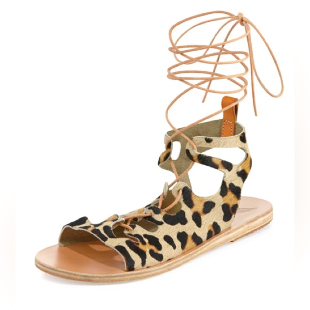 Ancient Greek calf skin leopard lace up sandals